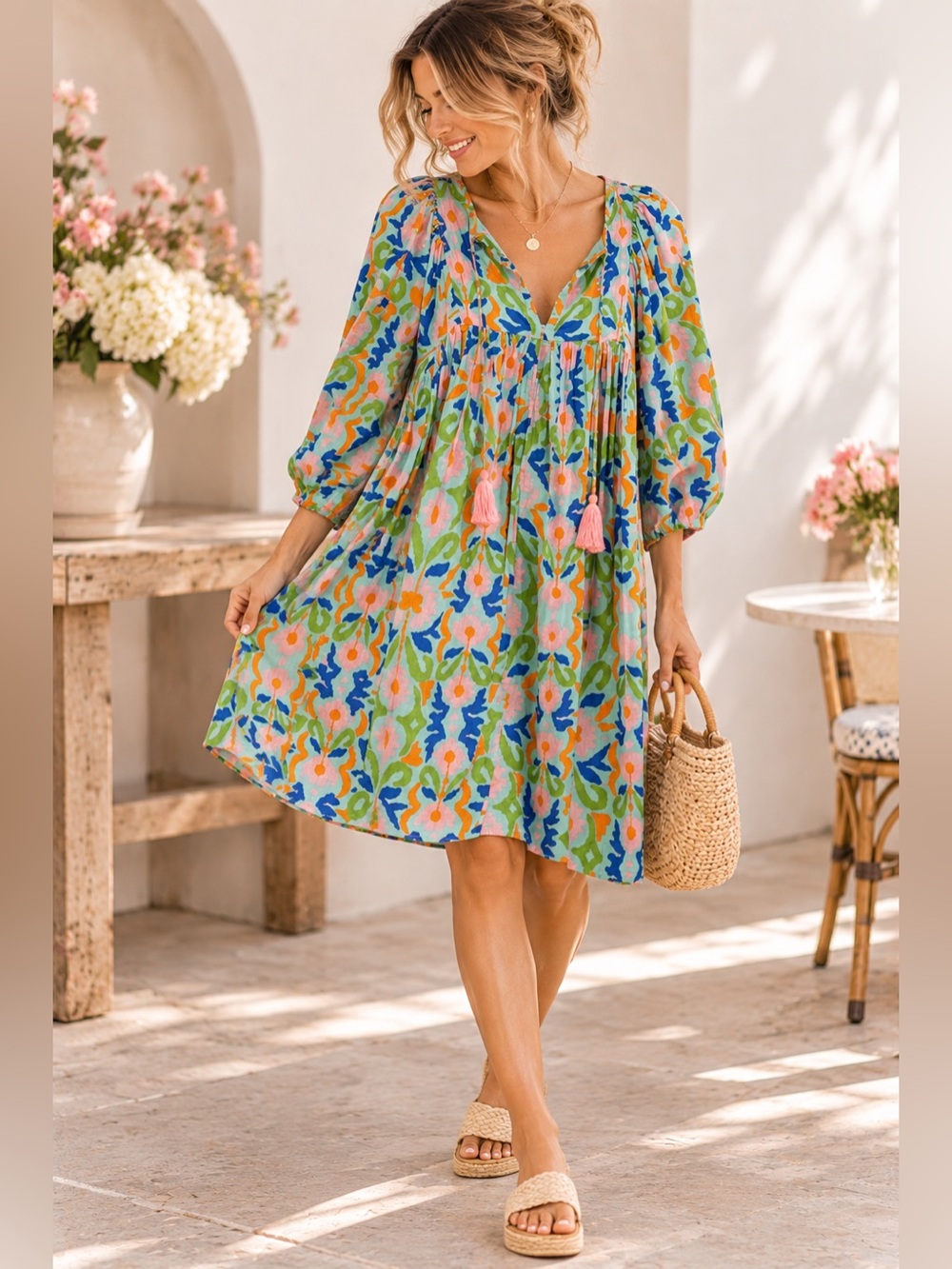 Uncle Frank Colorful Boho Floral Babydoll Dress XS Fits up to 8 Cotton